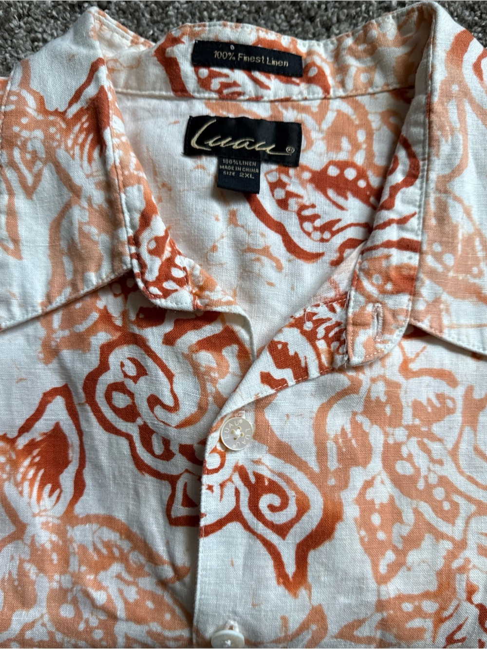 LUAU  100% Linen Hawaiian  Shirt Men’s Orange Off White Batik Floral Aloha 2XL